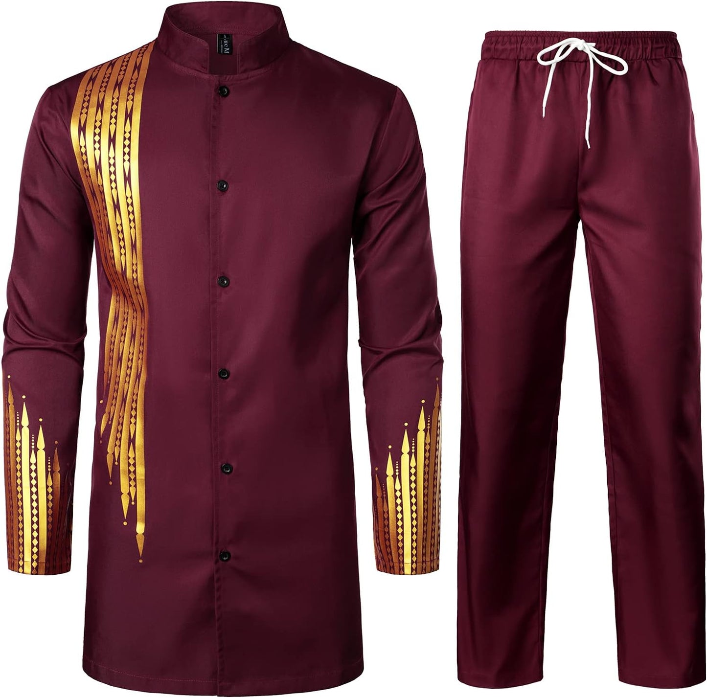 LucMatton Men's 2 Piece Outfit Long Sleeve Button up Shirt and Pants Traditional Ethnic Suit