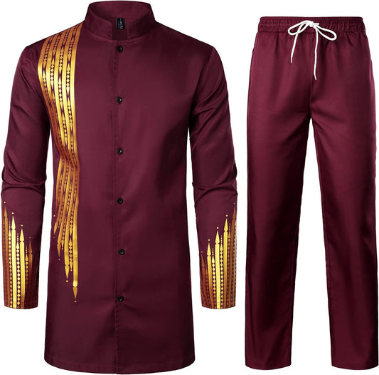 LucMatton Men's 2 Piece Outfit Long Sleeve Button up Shirt and Pants Traditional Ethnic Suit