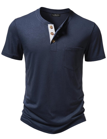 LucMatton Men's Lightweight Henley Shirt Casual Stretch Slim Fit Short Sleeve T-Shirt with Pocket