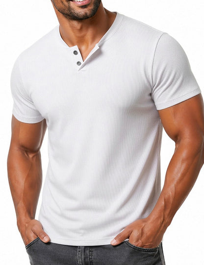 LucMatton Men's Fitted Stretch Short Sleeve Henley Shirt Gym Athletic V Neck Casual T-Shirt
