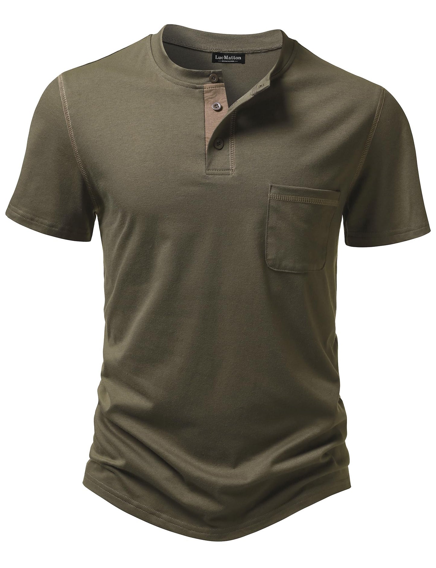 LucMatton Men's Sporty Casual Henley Shirt Short Sleeve Slim Fit Contrast Stitching T-Shirt with Pocket