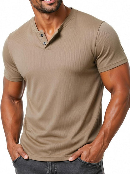 LucMatton Men's Fitted Stretch Short Sleeve Henley Shirt Gym Athletic V Neck Casual T-Shirt