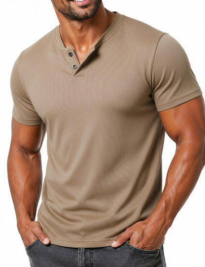 LucMatton Men's Fitted Stretch Short Sleeve Henley Shirt Gym Athletic V Neck Casual T-Shirt