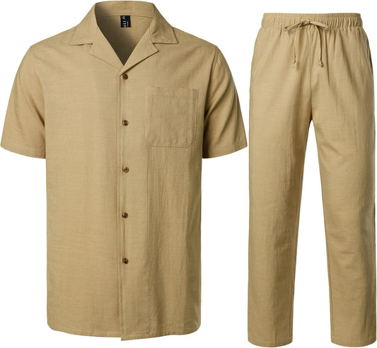 LucMatton Men's 2 Piece Casual Linen Outfits Summer Cuban Collar Walking Suits for Beach Vacation
