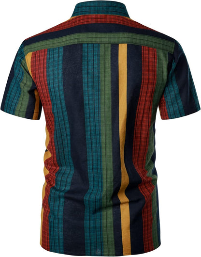 LucMatton Men's Cotton Linen Traditional Pattern Print Short Sleeve Button Down Hawaiian Shirts Multicolor Stripe