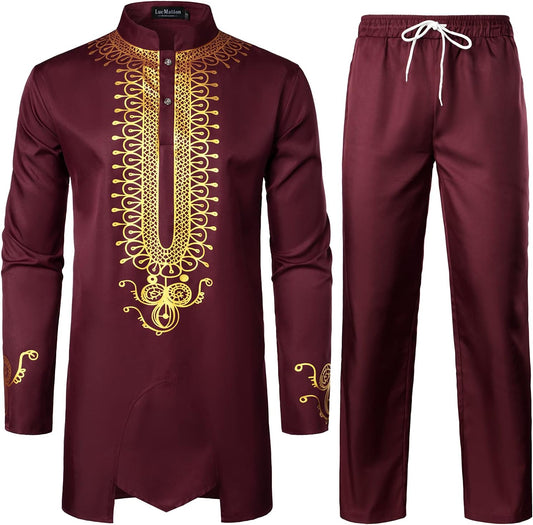 LucMatton Men's African 2 Piece Set Long Sleeve Gold Print Dashiki and Pants Outfit Traditional Suit