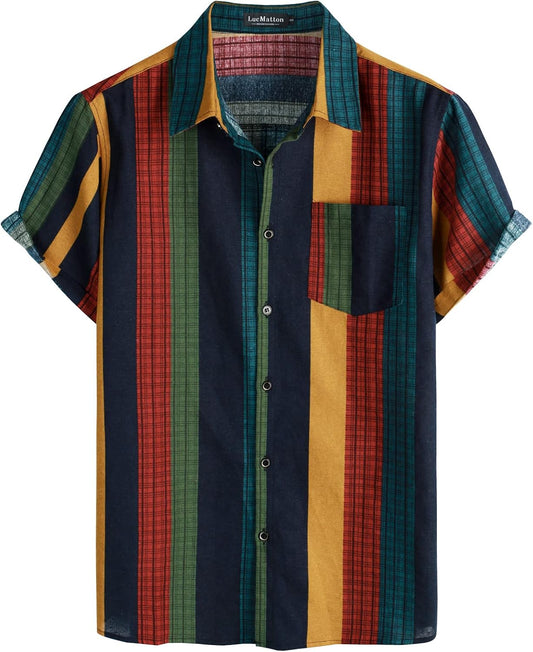 LucMatton Men's Cotton Linen Traditional Pattern Print Short Sleeve Button Down Hawaiian Shirts Multicolor Stripe