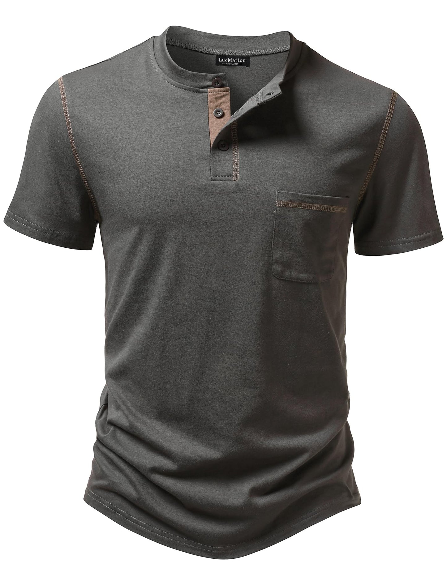 LucMatton Men's Sporty Casual Henley Shirt Short Sleeve Slim Fit Contrast Stitching T-Shirt with Pocket