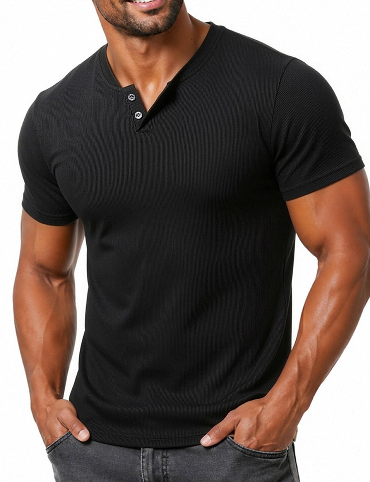 LucMatton Men's Fitted Stretch Short Sleeve Henley Shirt Gym Athletic V Neck Casual T-Shirt