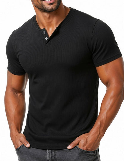 LucMatton Men's Fitted Stretch Short Sleeve Henley Shirt Gym Athletic V Neck Casual T-Shirt