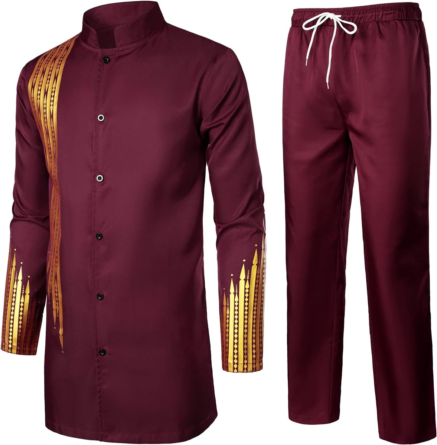 LucMatton Men's 2 Piece Outfit Long Sleeve Button up Shirt and Pants Traditional Ethnic Suit