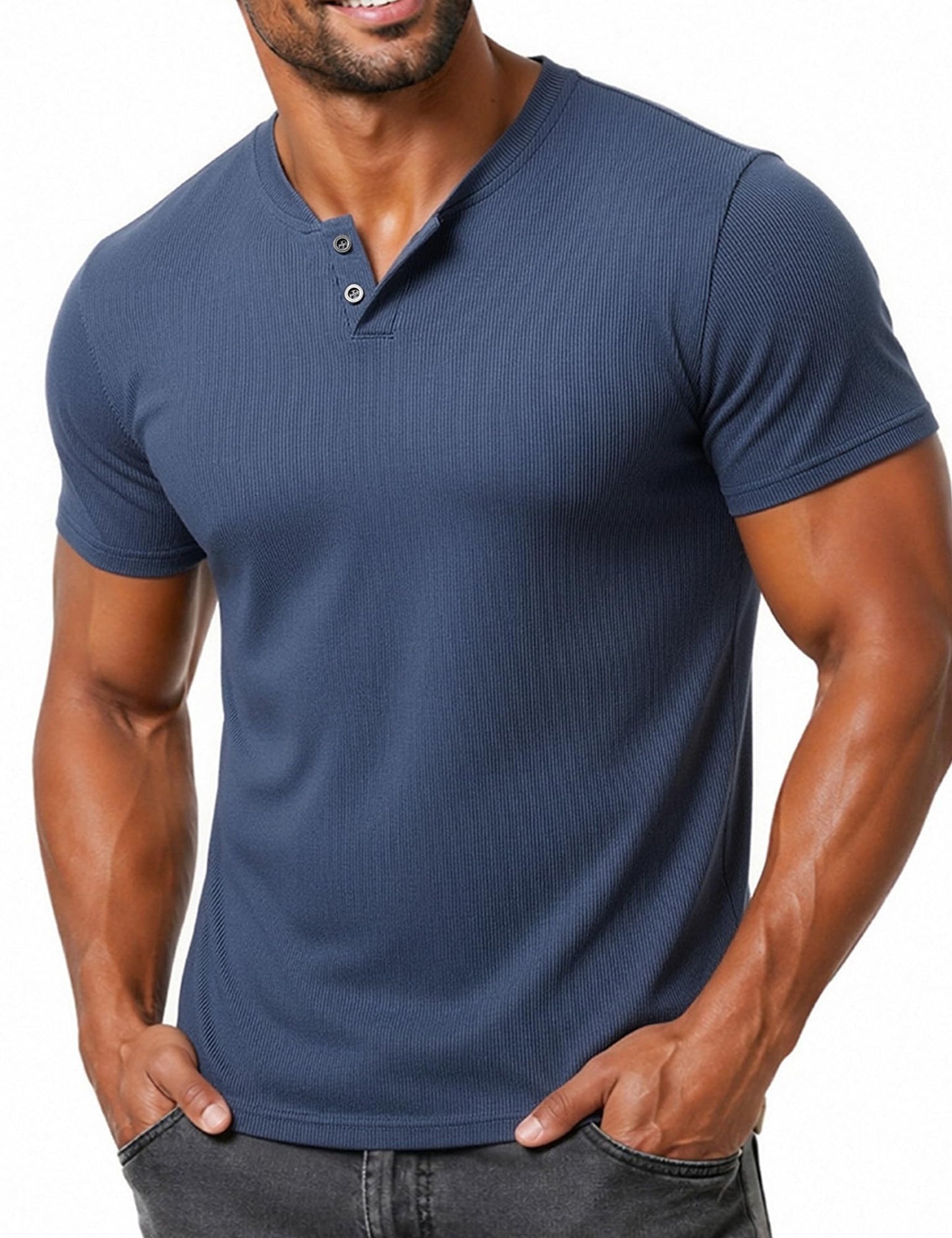LucMatton Men's Fitted Stretch Short Sleeve Henley Shirt Gym Athletic V Neck Casual T-Shirt