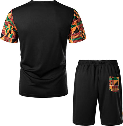 LucMatton Men's Summer 2 Piece African Pattern Printed T-Shirt and Shorts Set Sports Mesh Tracksuit Dashiki Outfits
