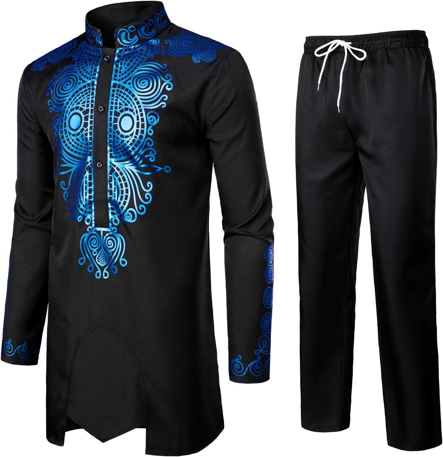 LucMatton Men's African 2 Piece Set Long Sleeve Gold Print Dashiki and Pants Outfit Traditional Suit
