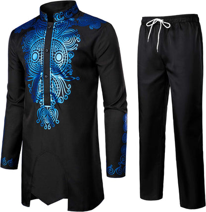 LucMatton Men's African 2 Piece Set Long Sleeve Gold Print Dashiki and Pants Outfit Traditional Suit