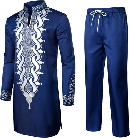 LucMatton Men's African 2 Piece Set Long Sleeve Gold Print Dashiki and Pants Outfit Traditional Suit