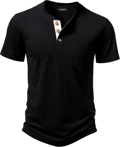 LucMatton Men's Lightweight Henley Shirt Casual Stretch Slim Fit Short Sleeve T-Shirt with Pocket