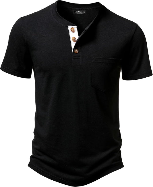 LucMatton Men's Lightweight Henley Shirt Casual Stretch Slim Fit Short Sleeve T-Shirt with Pocket