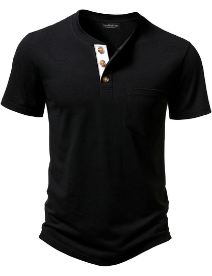 LucMatton Men's Lightweight Henley Shirt Casual Stretch Slim Fit Short Sleeve T-Shirt with Pocket