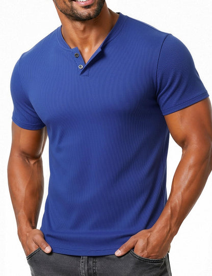 LucMatton Men's Fitted Stretch Short Sleeve Henley Shirt Gym Athletic V Neck Casual T-Shirt