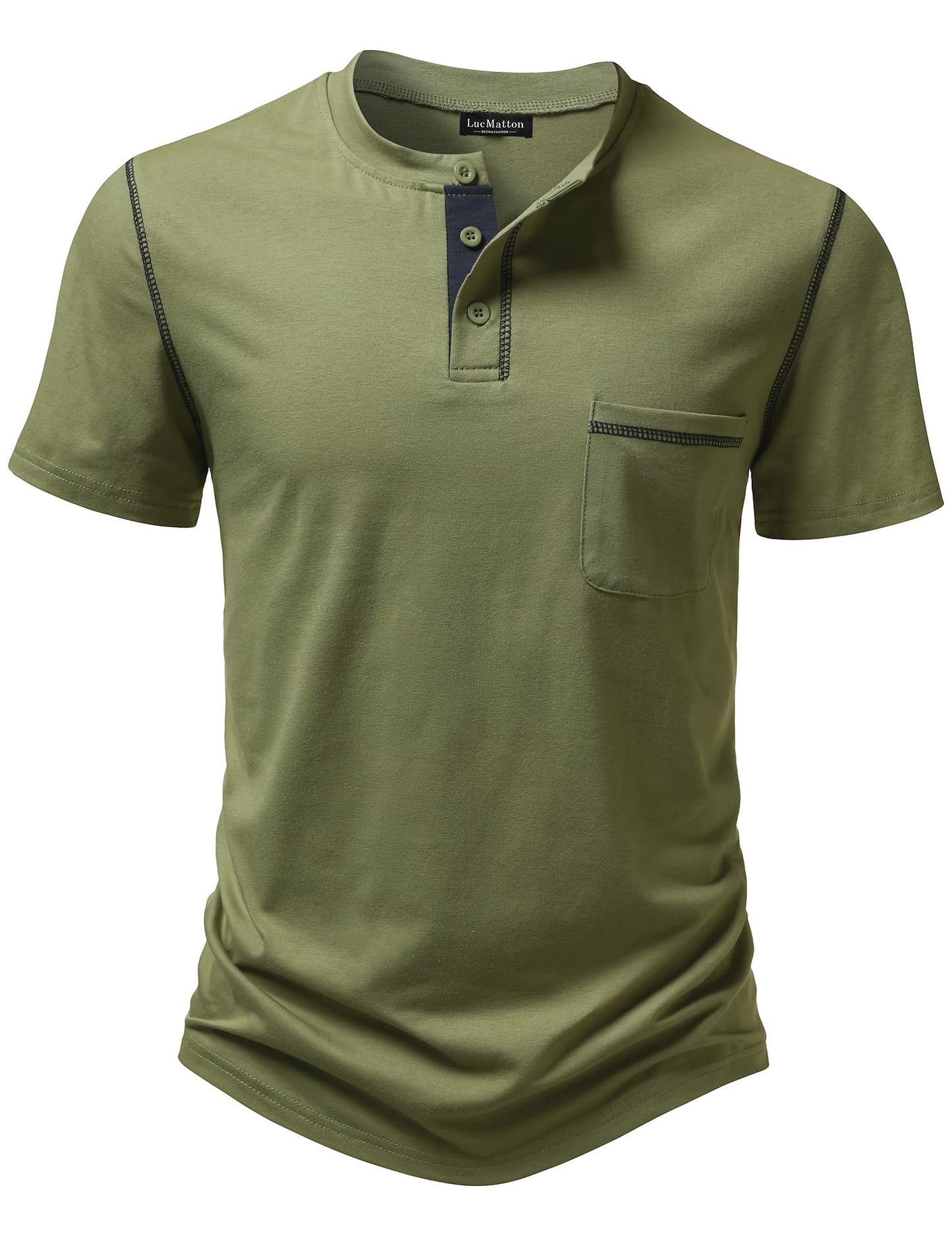 LucMatton Men's Sporty Casual Henley Shirt Short Sleeve Slim Fit Contrast Stitching T-Shirt with Pocket