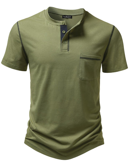 LucMatton Men's Sporty Casual Henley Shirt Short Sleeve Slim Fit Contrast Stitching T-Shirt with Pocket