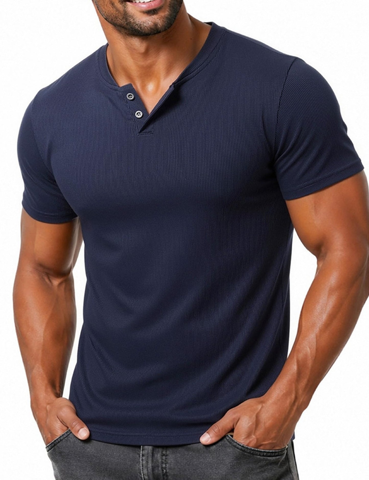 LucMatton Men's Fitted Stretch Short Sleeve Henley Shirt Gym Athletic V Neck Casual T-Shirt