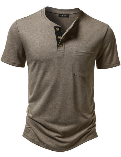 LucMatton Men's Lightweight Henley Shirt Casual Stretch Slim Fit Short Sleeve T-Shirt with Pocket