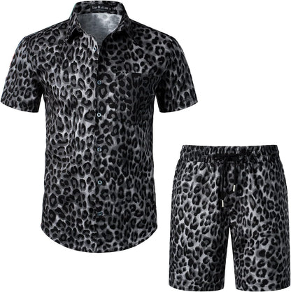 LucMatton Men's 2 Piece Floral Outfits Hipster Short Sleeve Button Down Shirt and Shorts Set Black Rose