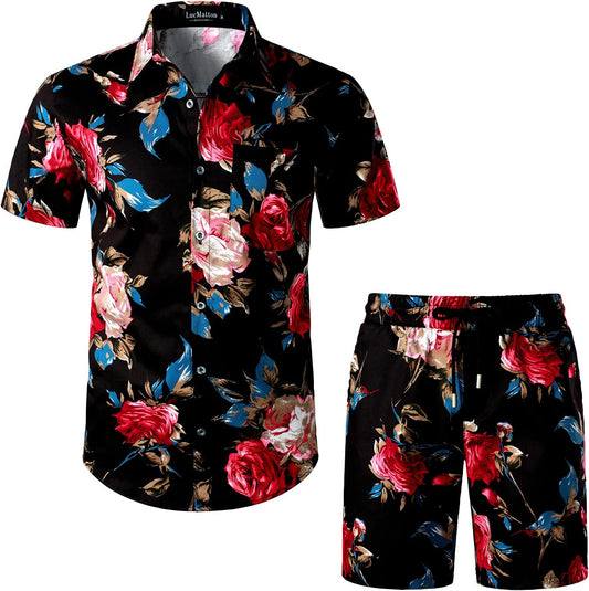 LucMatton Men's 2 Piece Floral Outfits Hipster Short Sleeve Button Down Shirt and Shorts Set Black Rose