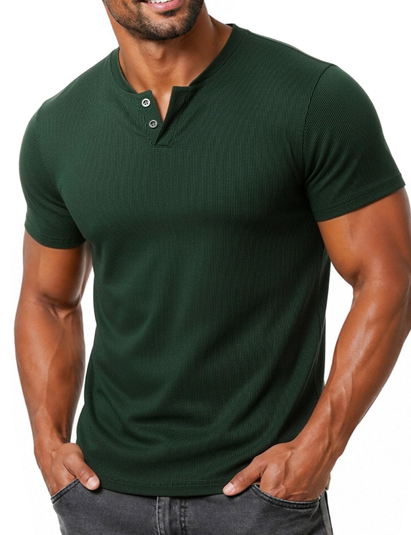 LucMatton Men's Fitted Stretch Short Sleeve Henley Shirt Gym Athletic V Neck Casual T-Shirt