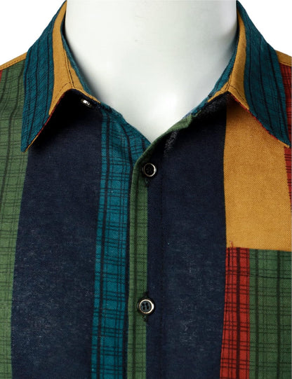 LucMatton Men's Cotton Linen Traditional Pattern Print Short Sleeve Button Down Hawaiian Shirts Multicolor Stripe