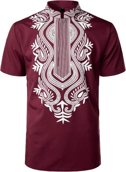LucMatton Men's African Traditional Printed Dashiki Luxury Hidden Button Short Sleeve Shirt