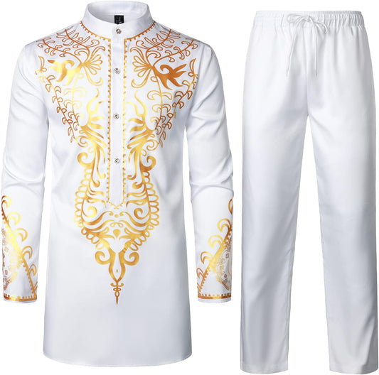 LucMatton Men's African 2 Piece Set Long Sleeve Gold Print Dashiki and Pants Outfit Traditional Suit