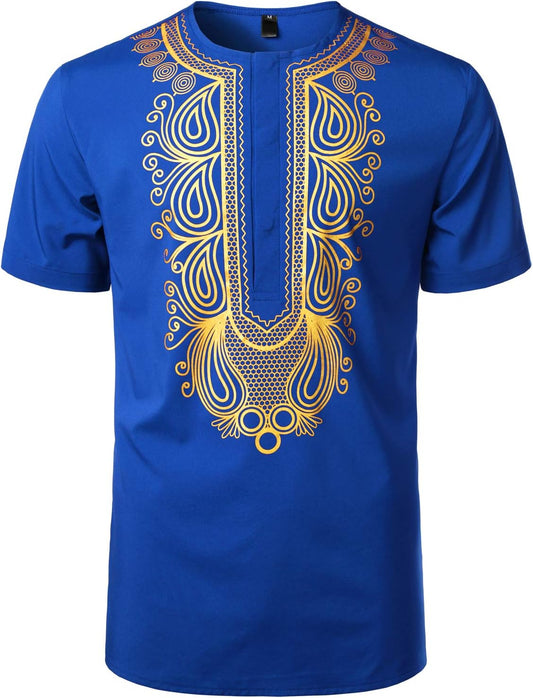 LucMatton Men's African Traditional Printed Dashiki Luxury Hidden Button Short Sleeve Shirt