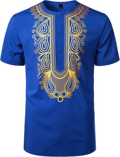 LucMatton Men's African Traditional Printed Dashiki Luxury Hidden Button Short Sleeve Shirt