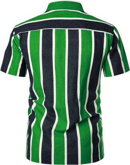 LucMatton Men's Cotton Linen Traditional Pattern Print Short Sleeve Button Down Hawaiian Shirts Black Green