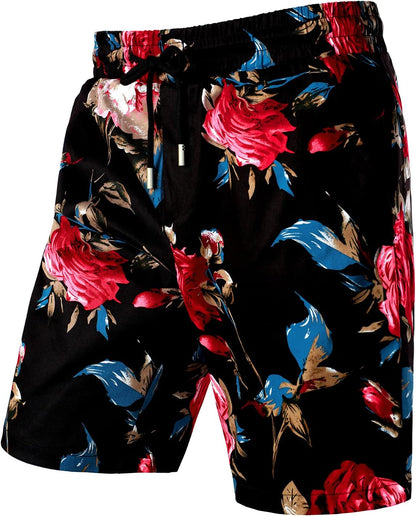 LucMatton Men's 2 Piece Floral Outfits Hipster Short Sleeve Button Down Shirt and Shorts Set Black Rose