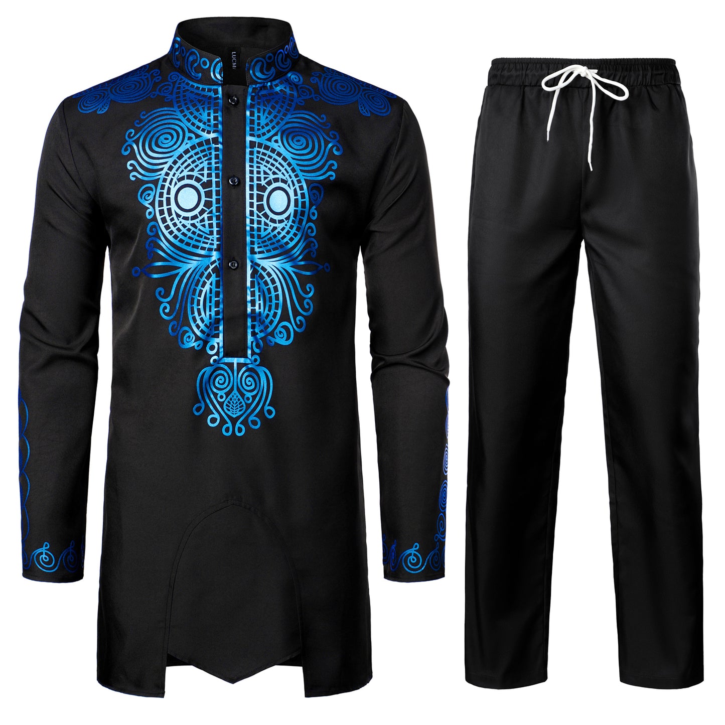 LucMatton Men's African 2 Piece Set Long Sleeve Gold Print Dashiki and Pants Outfit Traditional Suit