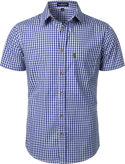 LucMatton Men's Gingham Short Sleeve Button Down Shirt Cotton Regular Fit Plaid Dress Shirts with Pocket