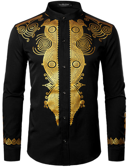 LucMatton Men's African Attire Long Sleeve Button Up Shirt