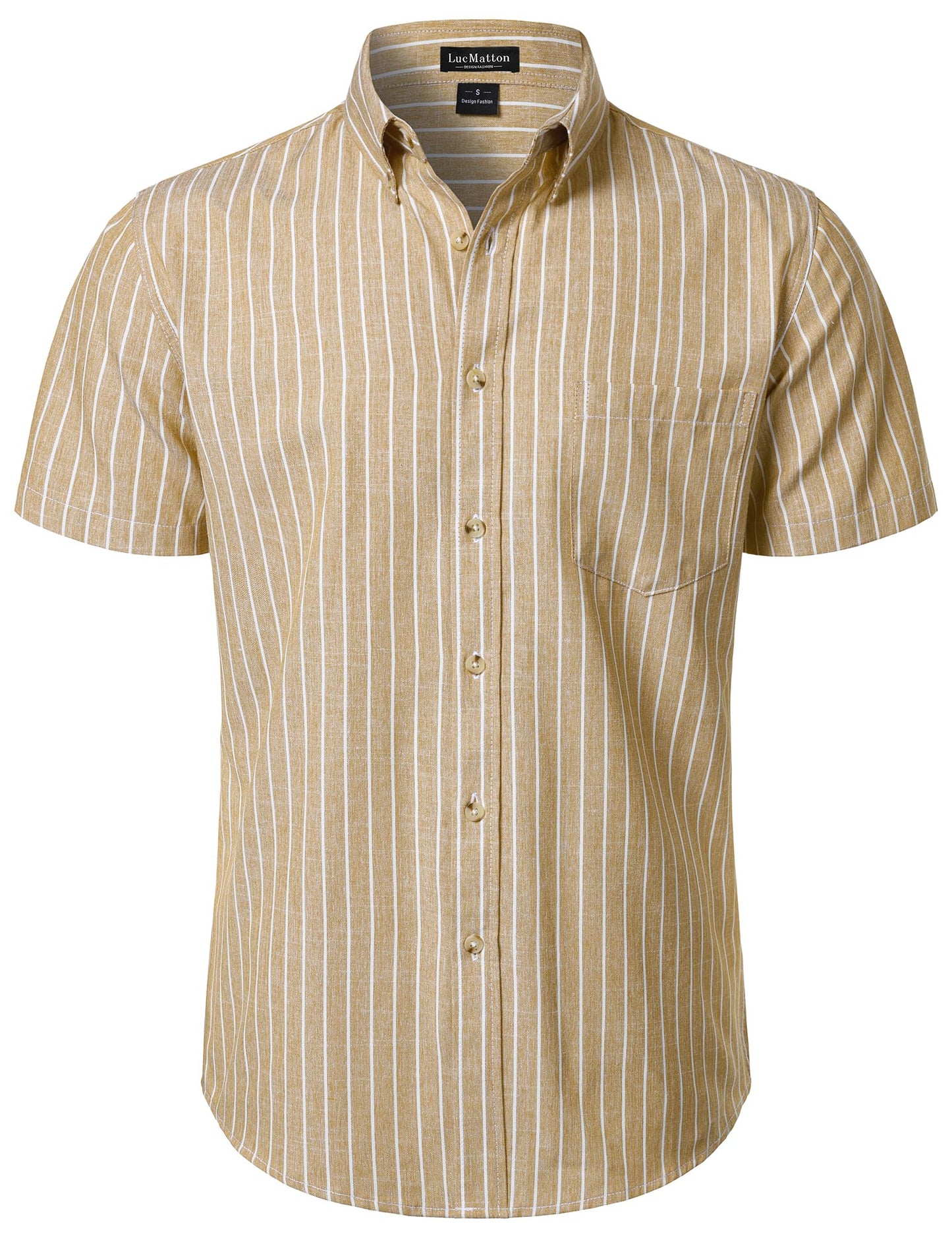 LucMatton Men's Classic Striped Short Sleeve Button Down Shirt Linen-Like Regular Fit Business Shirt for Summer
