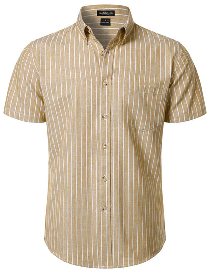 LucMatton Men's Classic Striped Short Sleeve Button Down Shirt Linen-Like Regular Fit Business Shirt for Summer