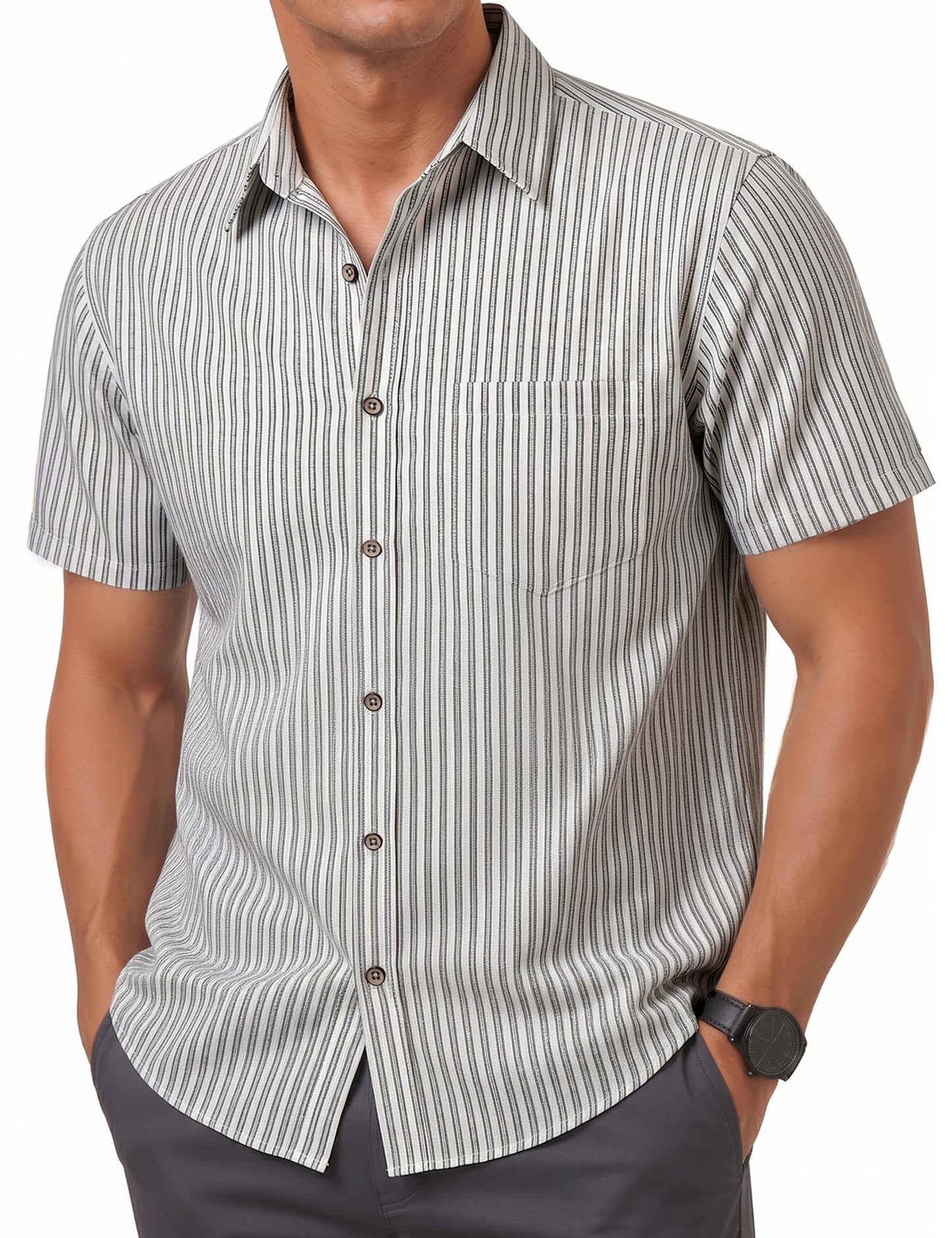 LucMatton Men's Stripe Short Sleeve Button Down Shirt Summer Smart Casual Regular Fit Tops