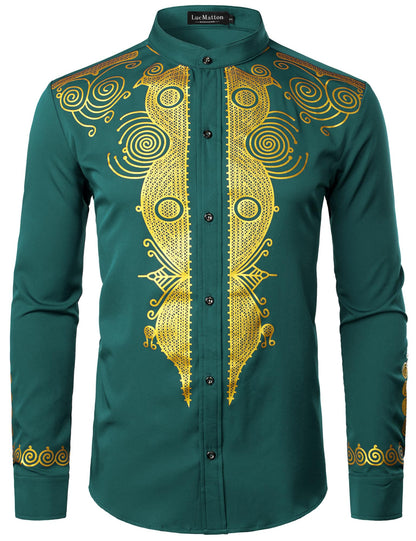 LucMatton Men's African Attire Long Sleeve Button Up Shirt
