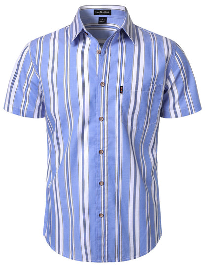 LucMatton Men's Casual Retro Striped Short Sleeve Button Down Shirts Cotton Summer Regular Fit with Pocket