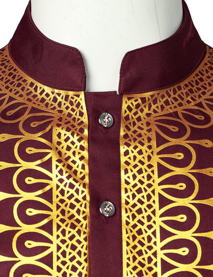 LucMatton Men's African 2 Piece Set Long Sleeve Gold Print Dashiki and Pants Outfit Traditional Suit