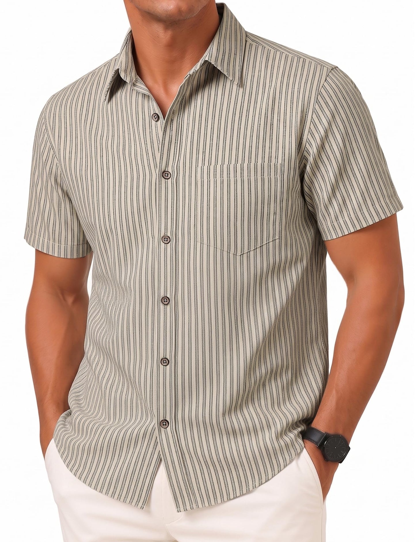 LucMatton Men's Stripe Short Sleeve Button Down Shirt Summer Smart Casual Regular Fit Tops