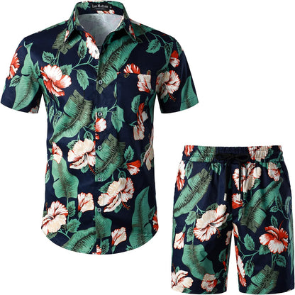 LucMatton Men's 2 Piece Floral Outfits Hipster Short Sleeve Button Down Shirt and Shorts Set Black Rose