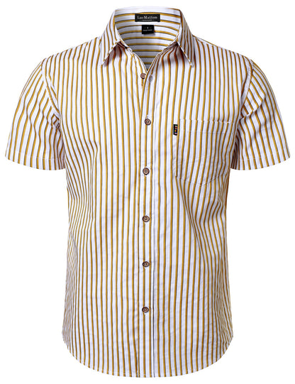 LucMatton Men's Casual Retro Striped Short Sleeve Button Down Shirts Cotton Summer Regular Fit with Pocket